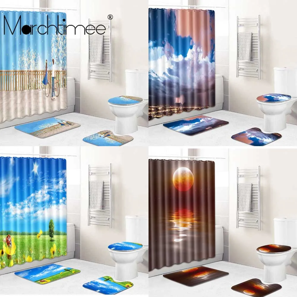 

Sea Beach Scenery Shower Curtain Blue Sun Rise Sky Bathing Bathroom 3D Blackout Large No-slip Toilet Cover For Bathroom Curtain