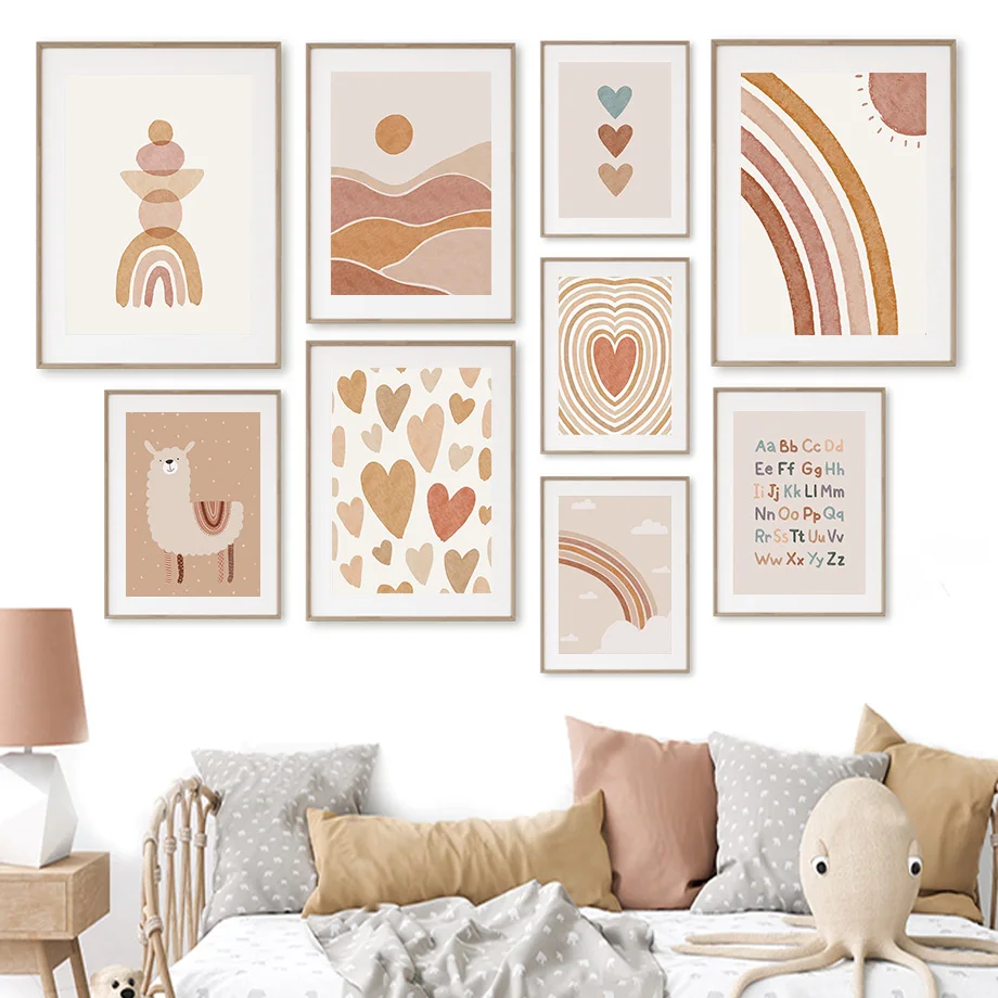 Llamas Sun Rainbow Heart Alphabet Boho Nursery Abstract Wall Art Canvas Painting Posters And Prints Wall Pictures Baby Kids Room