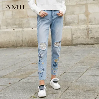 

Amii Causal Denim Straight Pants Women Spring Streetwear Embroidery Floral Hole Ripped Bleached Boyfriend Jeans Women 11970071