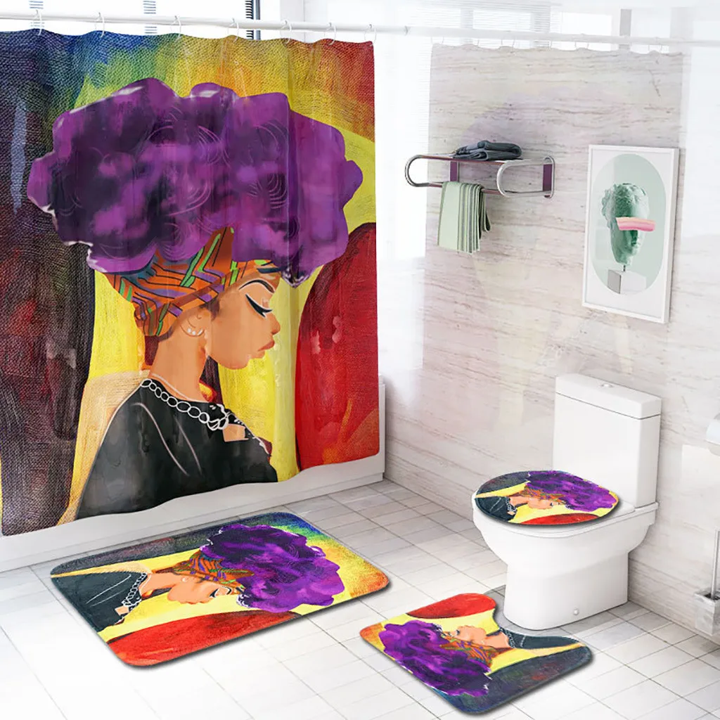 Ouneed 4PCS African explosion head Printd Bathroom Shower Curtains sets Non Slip waterproof Toilet Shower curtains Cover Mat set