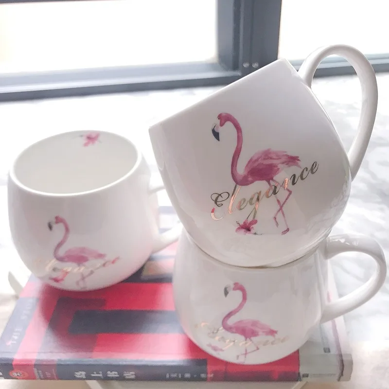 

European Large Capacity Pink Flamingo Mug Ceramic Bulb Shaped Belly Cup Office Drinking Utensils Coffee Cup Friends Gift