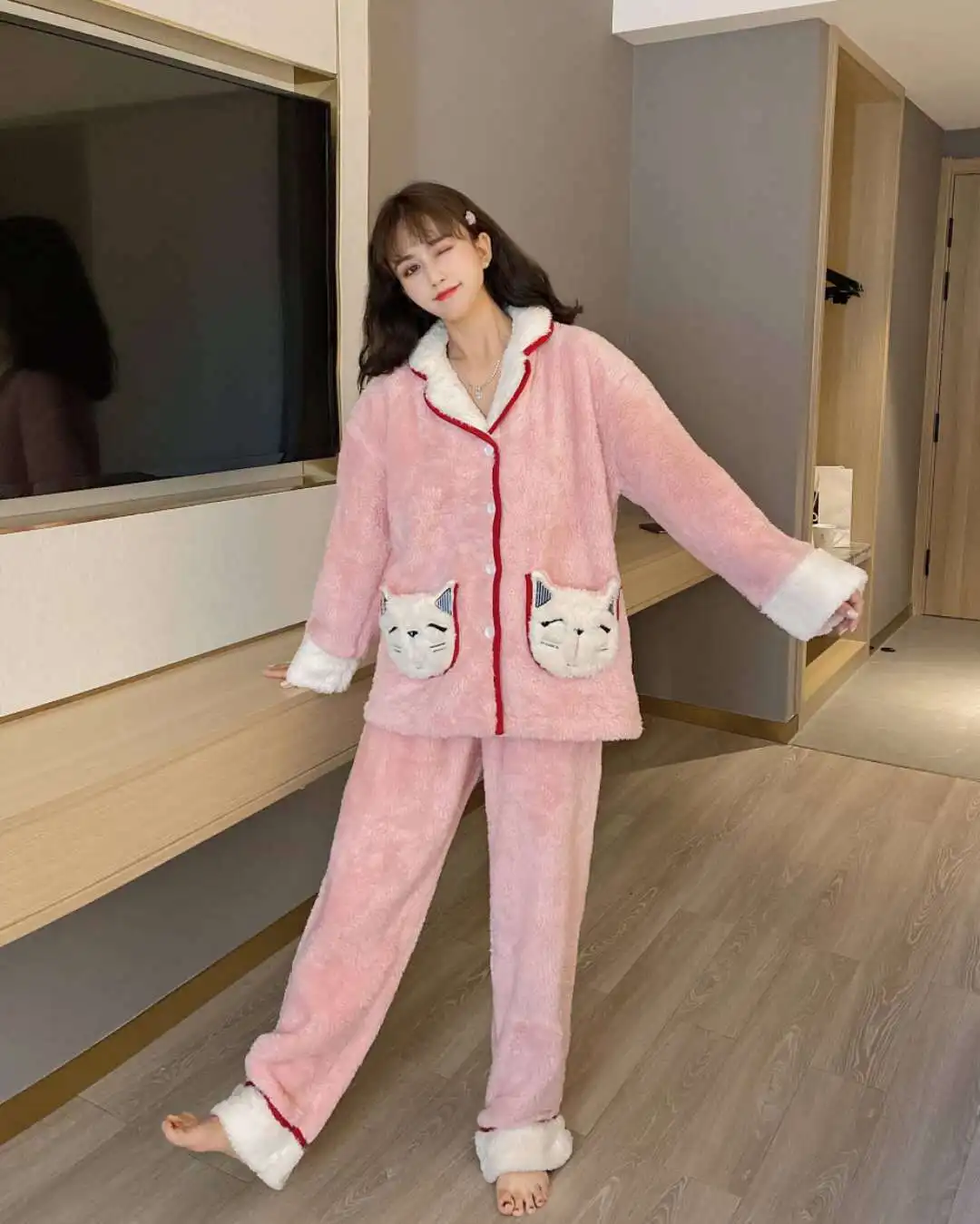 Women's Pajamas for Winter Thickened Flannel Gray Ladies V-neck Two-piece Homewear for Women Long Sleeve Sleepwear