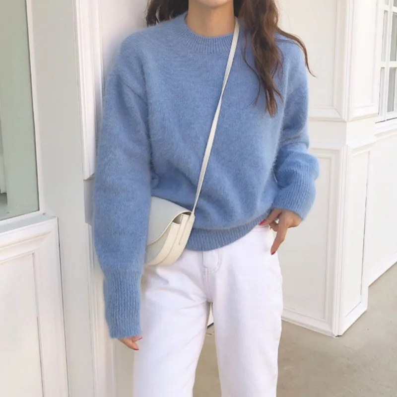 Chic Soft Solid Color Woman Knit Sweaters Round Collar Loose Casual Long Sleeve Women Pullovers 2020 Autumn Winter Clothes blue | Женская