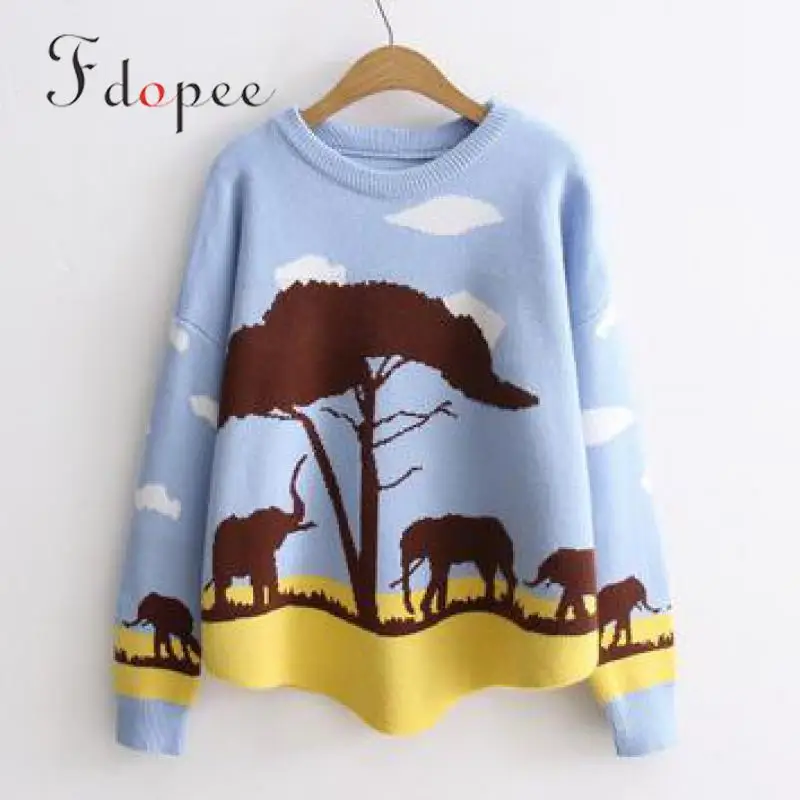  2019 Winter Women Sweater Basic Knitted Tops Retro O-neck Cartoon Elephant Jacquard Loose Streetwea