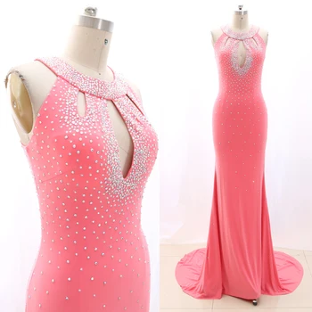 

MACloth Watermelon Sweep Train Halter Floor-Length Long Crystal Jersey Prom Dresses Dress M 268204 Clearance