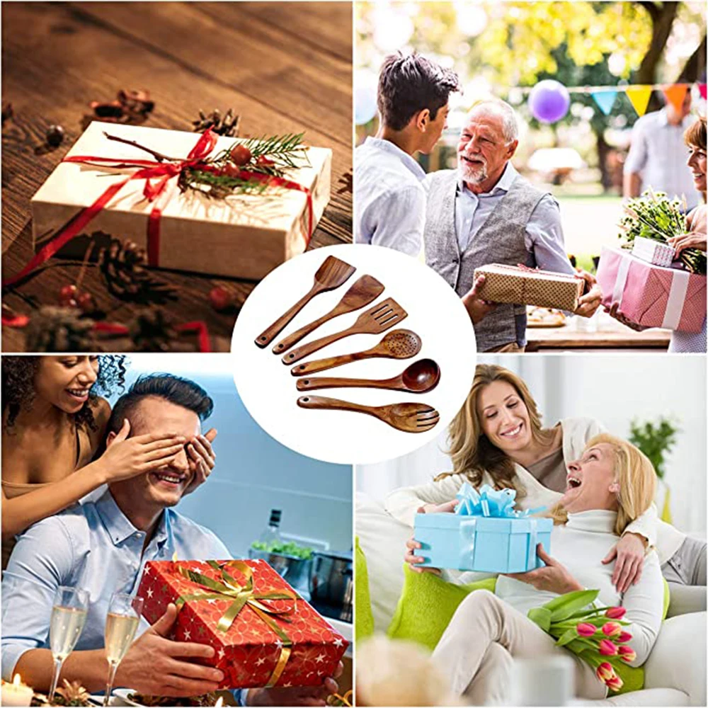 Wooden Kitchen Utensils set, Wooden Spoons for cooking Natural Teak Wood Non Stick Pots Kitchen Spatula Set for Cooking Gift