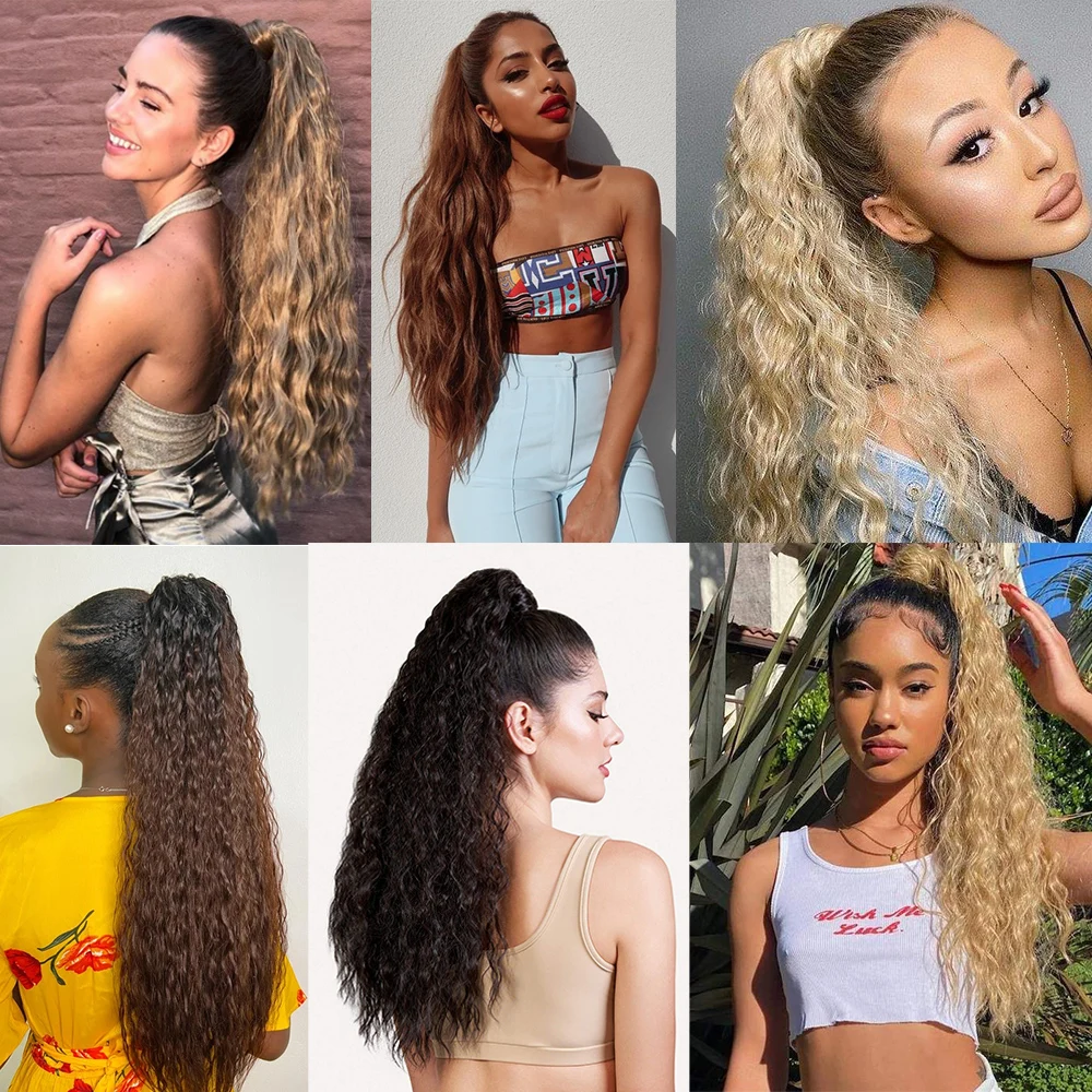 Fake Hair Extensions Synthetic Corn Wavy 22'' 32'' Long Ponytail Hairpiece Wrap on Clip Hair Extensions Ombre Brown Pony Tail Blonde Fack Hair fake hair extensions
