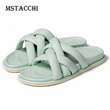 

MStacchi Sexy Slippers Women Leather Weave Soft Flat Shoes Comfort Round Toe Leisure Shoes Concise Thick Bottom Women Slippers