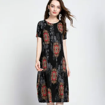 

Dress Plus Size For Women 45-75kg Summer Round Neck Short Sleeved Stretch Miyake Pleated Printed Casual Loose Dresses Midi