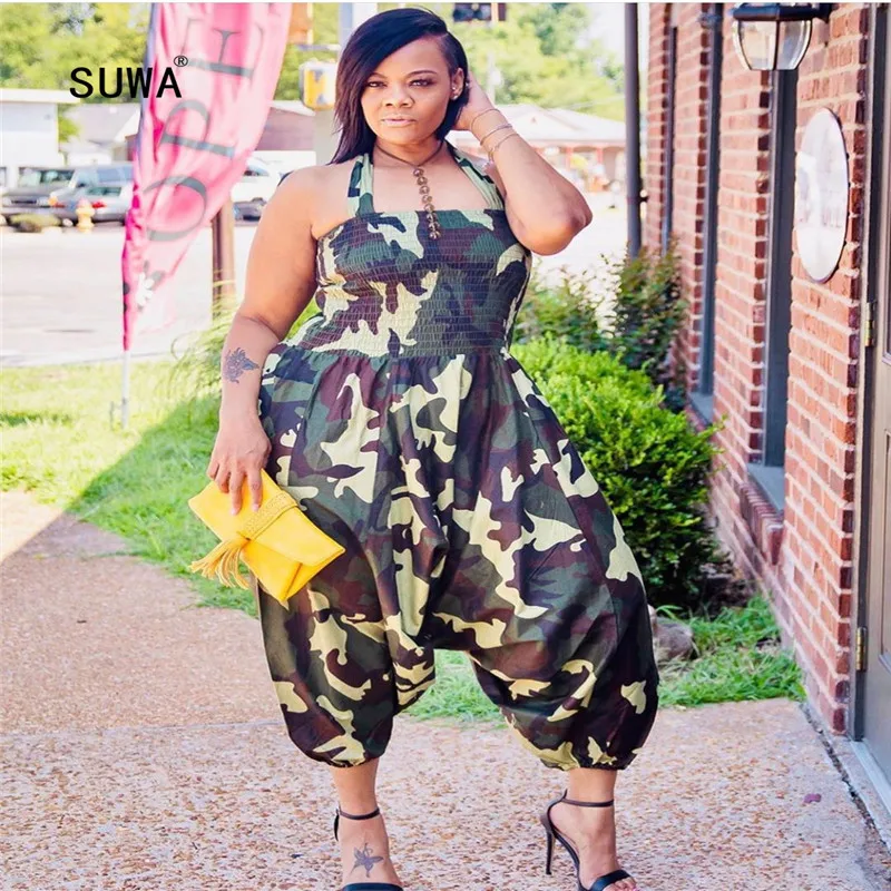 

Classic Loose Casual Streetwear Camouflage Printed Workout Activewear Jumpsuits Bandage Long Pants Summer Military Style Ladies