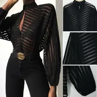 Sexy Black Women Mesh Sheer Blouses Ladies Long Sleeve Striped Front Hollow Out Transparent Shirts Blusas Mujer Camisas 1