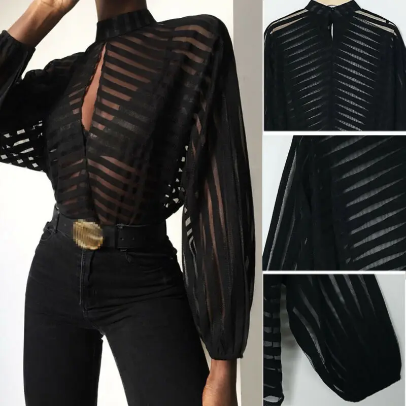 Sexy Black Women Mesh Sheer Blouses 
