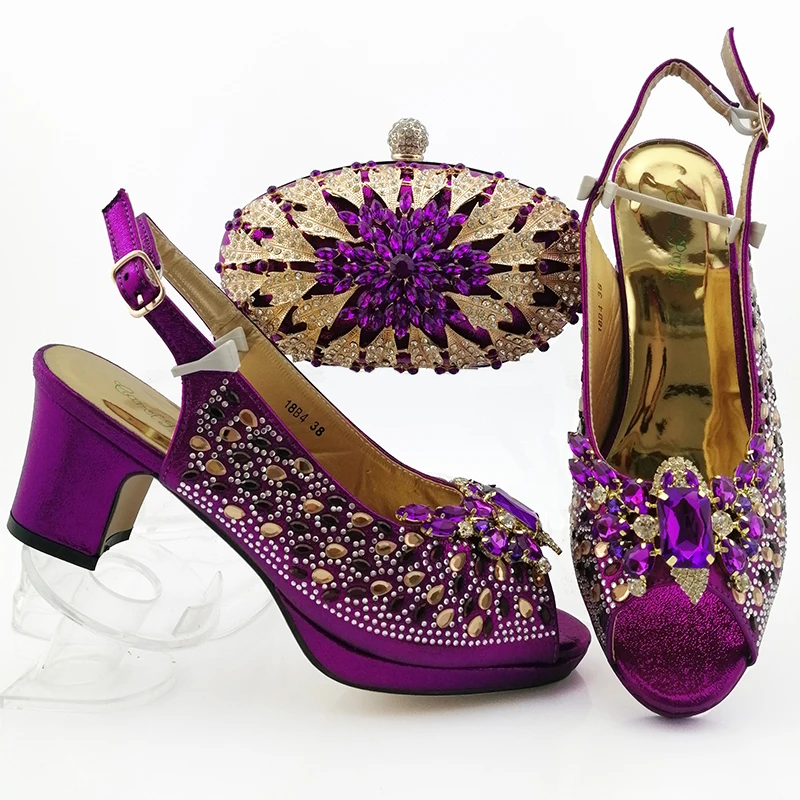 

New Arrival Purple Italian Shoes with Matching Bag Set Decorated with Rhinestones African Shoe and Bag Set To Match for Party