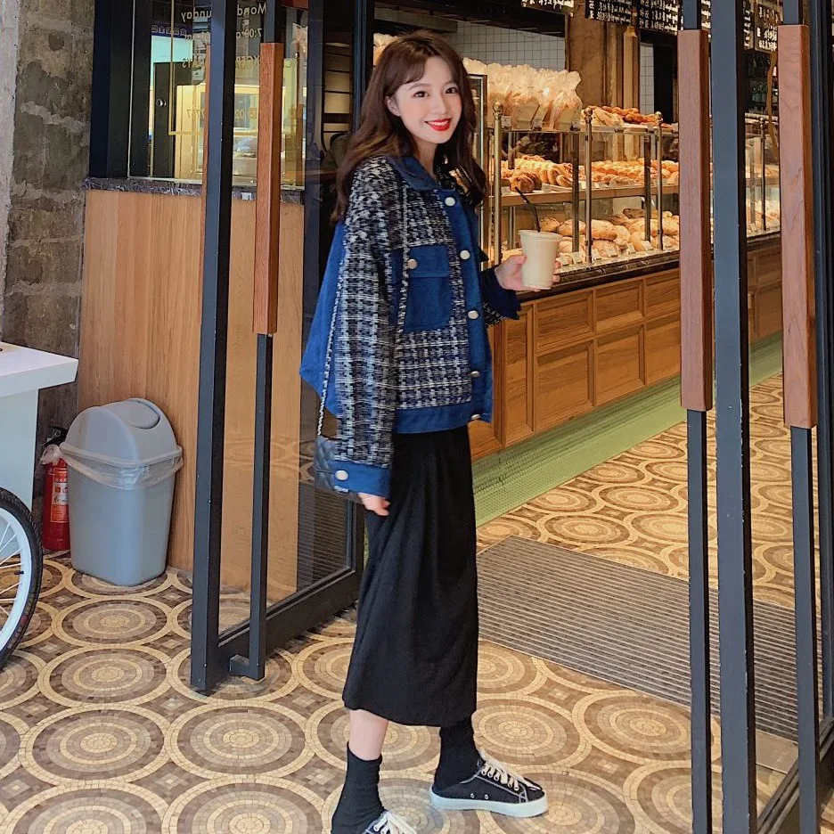 

Photo Shoot Main Push INS Super Fire Graceful Cowboy Joint Plaid Fold-down Collar Large Pocket Loose-Fit Jacket Short Jacket Wom
