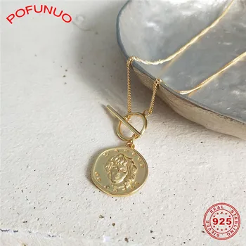 

POFUNUO 925 Sterling Silver Queen Pendant Necklace Simplicity Head Sculpture Coin OT Buckle Necklace Eurpean Style Fine Jewelry