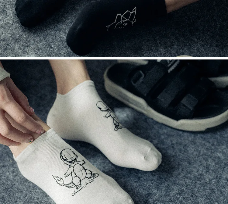 Носки с 3D принтом «Покемон», унисекс, пара летних невидимых носков, модные уличные черно-белые короткие носки в стиле Харадзюку