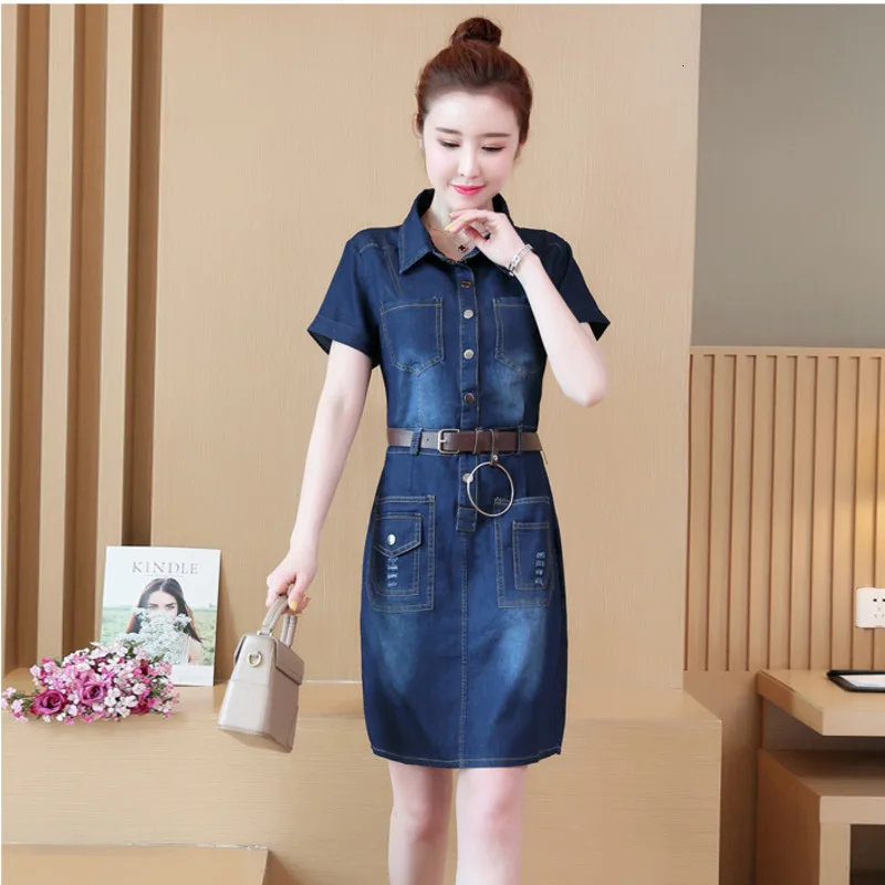 2734 Summer Short Sleeve Denim Dress For Women With Belt Front Button Shirt Dress Plus Size 5XL Multi Pockets Jeans Dress Sexy