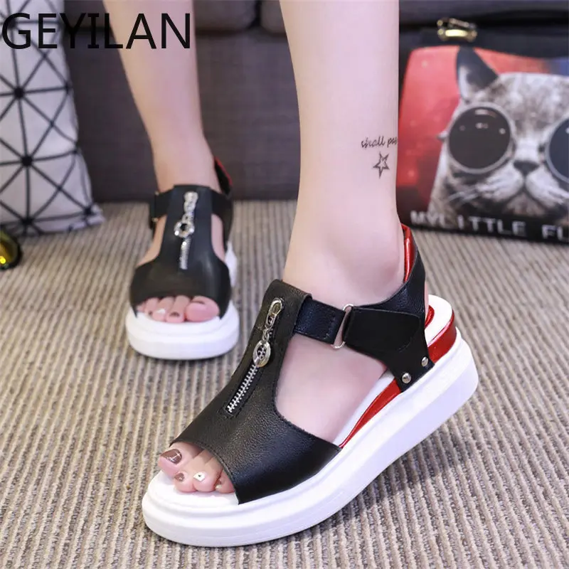 

2019 summer women sandals Platform Open toe Hook loop flat sandals Zipper wedge High heels Peep Toe Mixed Colors pumps women