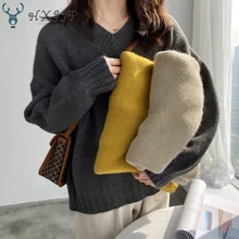 HXJJP зима новая Корейская версия свободный v-образный вырез длинный рукав женский вязаный свитер женский однотонный пуловер