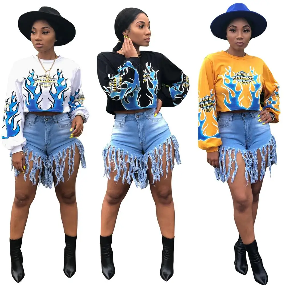 

Newest Autumn Fire Printing Women T Shirt Fashion Long Sleeves O Neck Loose Short Club Streetwear Girs Sweatshirts Casual Tees