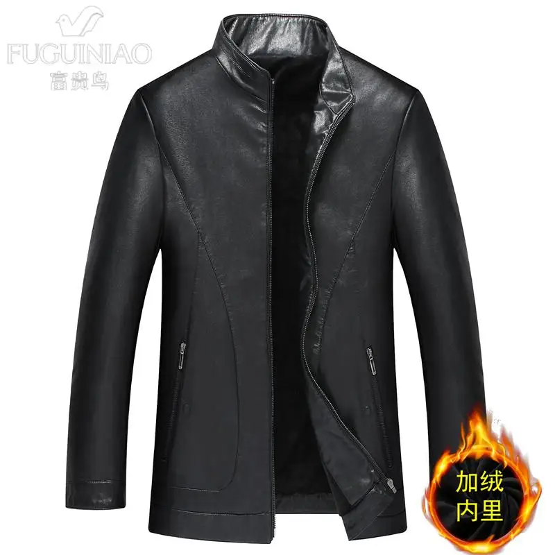 Men Clothing Sheepskin Coat Stand Collar Jackens Plus Velvet Thickening Sheep Leather Jacket Dad Jacket Autumn And Winter New - Цвет: black plus velvet