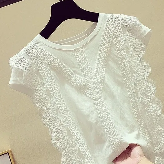 

2020 Summer New Fashion Women Short Sleeve O-Neck Lace Hollow Out Solid Blouses Shirts Casual Tops Blusas Plus Size