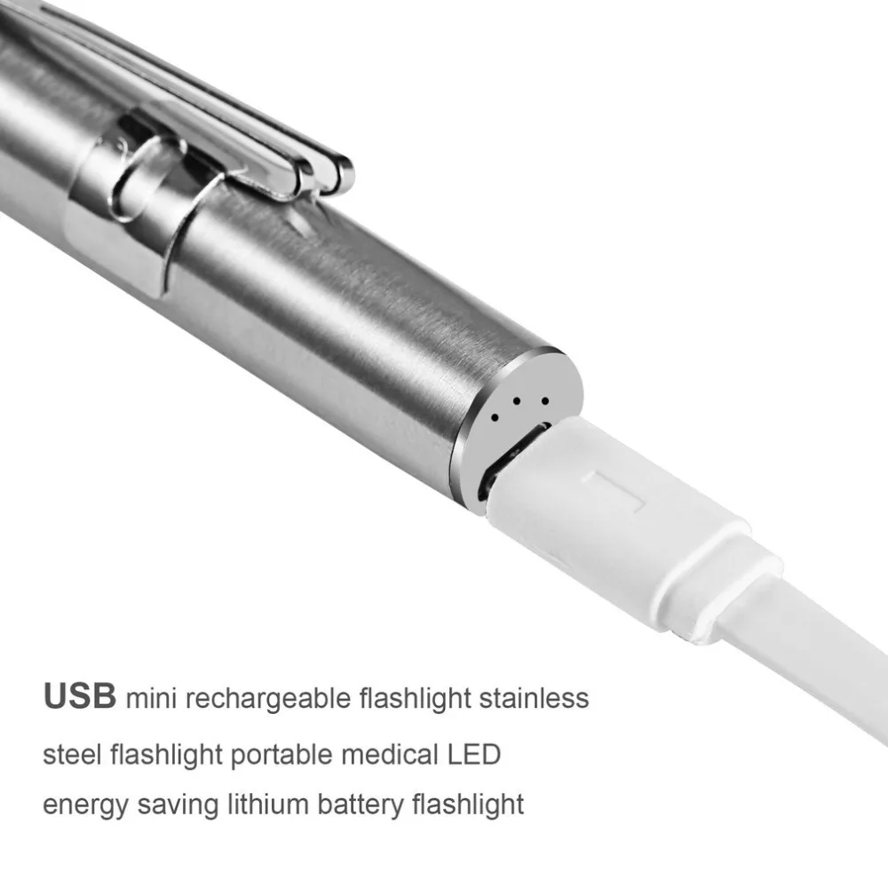 Energy-saving Medical Handy Portable Pen Shaped USB Rechargeable Mini Flashlight LED Torch with Stainless Steel Cli