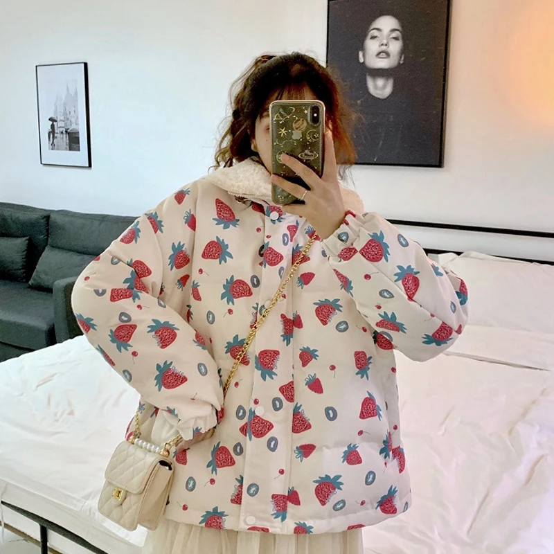 Woherb Women's Harajuku Parkas Kawaii Jacket Strawberry Print Winter Padded Coats Women Japanese Fashion Outwear Loose Coat - Цвет: print