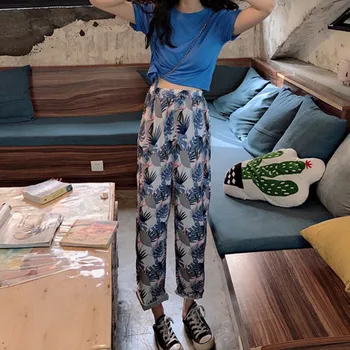 

High Waist Nine Points Wide Leg Pants Female Korean Version Of The Leaf Print Fashion Fresh Fashion Casual Wild Comfortable