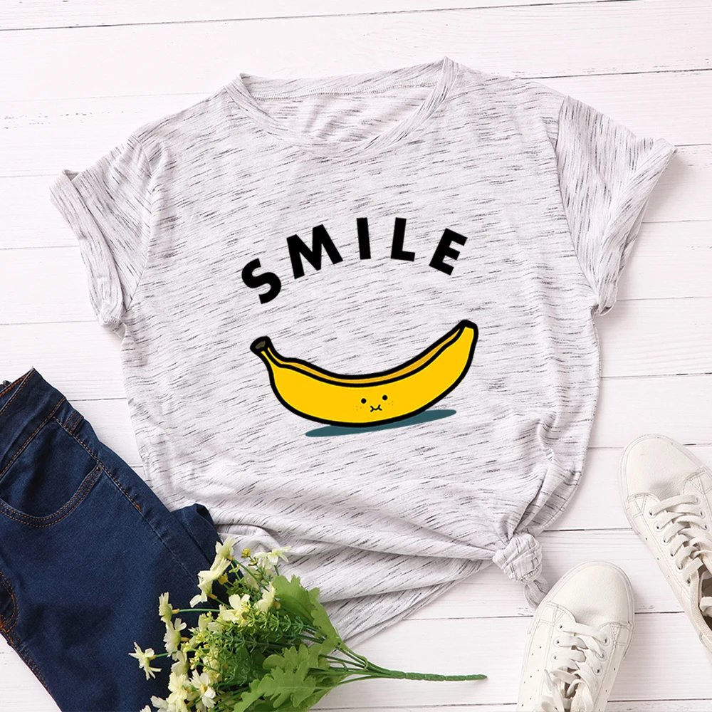 Женская футболка с буквенным принтом и смайликом, хлопковая футболка с коротким рукавом, топы размера плюс, принт с фруктами и бананами, футболки, уличная одежда для девочек - Цвет: Meteor White