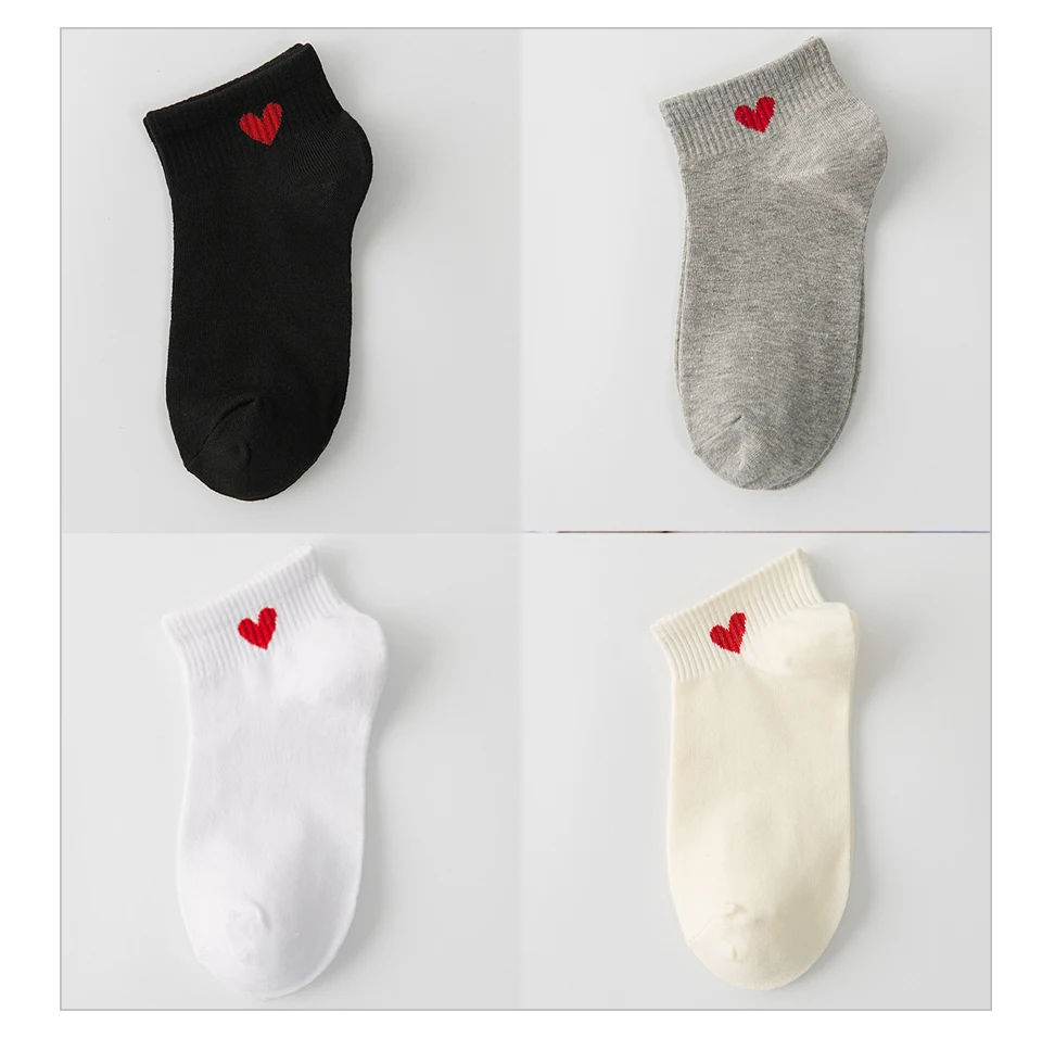 Manoswe Comfortable Heart Shape Woman White Short Socks Casual Breathable Girl Cotton Boat Socks Female Ankle Colorful 4 Pairs