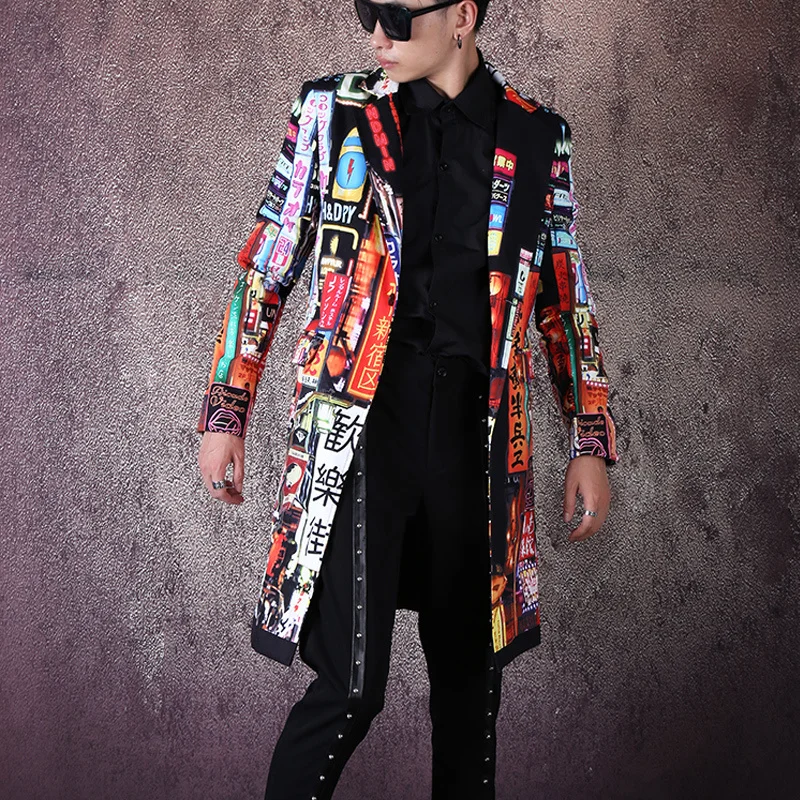 Men Hip Hop Dancer Singer DJ Suit Coat Outerwear Stage Clothes Vintage Fashion Slim Fit Pattern Print Long Blazer Jacket mens suits