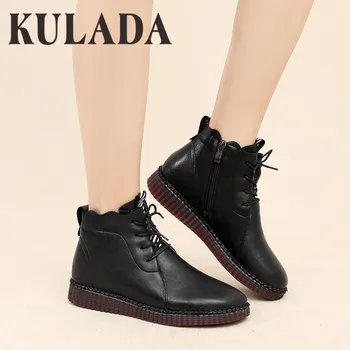 

KULADA New Boots Autumn Women Ankle Boots Platform Flats Women Lace Up Casual Boots Fashion Soft Genuine Leather Boots For Women