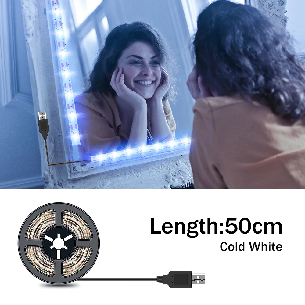 50CM Cold White 5M Tocador con espejo светильник для макияжа, зеркальный светильник, USB, 5 В, туалетный столик, лампа для ванной комнаты, светодиодная лампа для туалетного зеркала, косметический светильник в полоску - Испускаемый цвет: 50CM Cold White