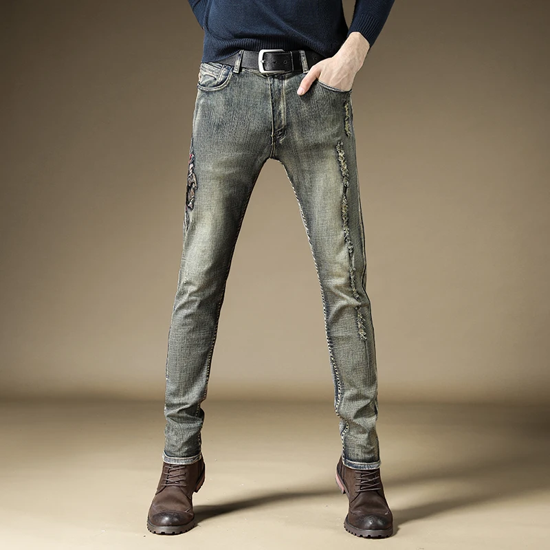A Free Shipping New Male fashion men's slim retro old feet pants street trend metal punk style hip hop trousers jeans - Цвет: A