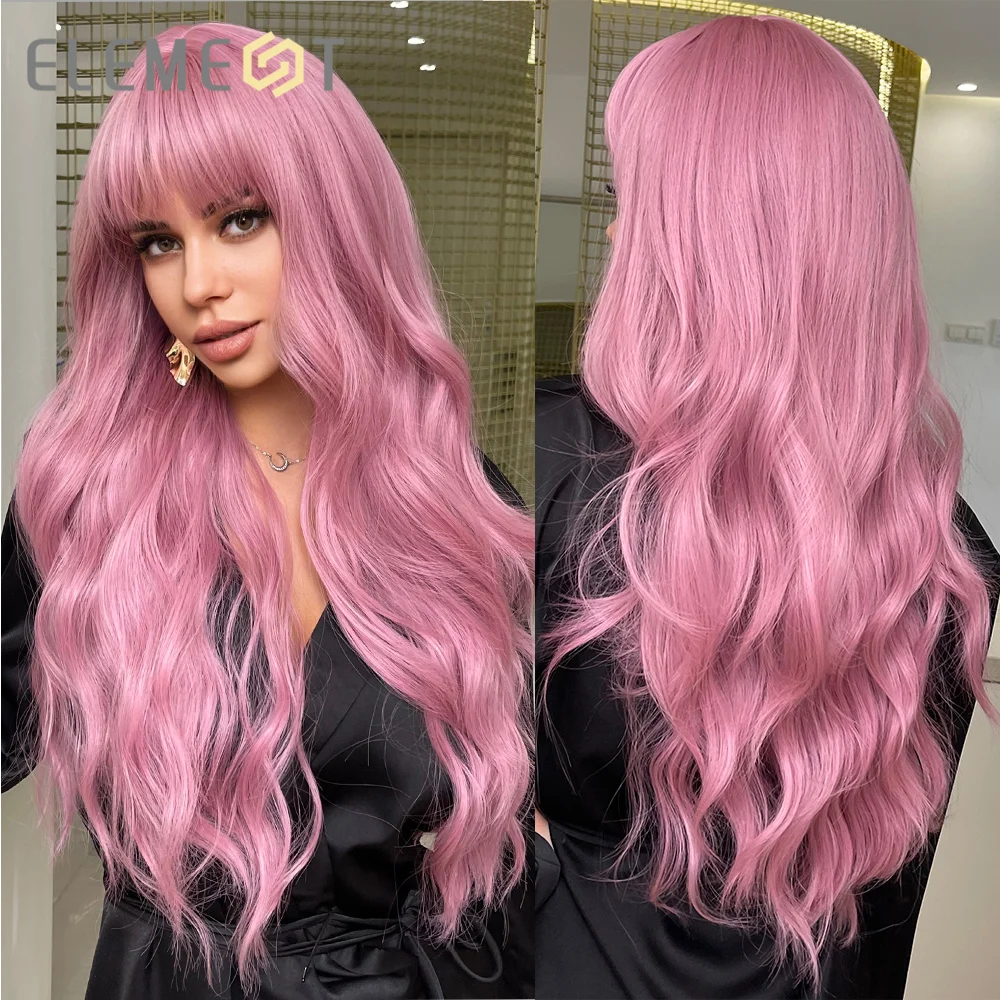 Element Long Natural Wavy Pink Hair Wigs with Bangs for Women Synthetic Cosplay Party Daily Use Heat Resistant