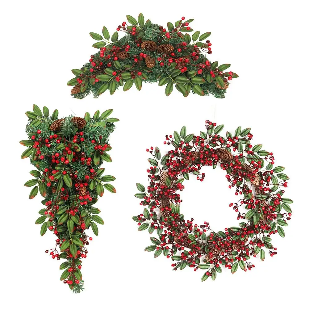 

60CM Big Pinecone Christmas Wreath Pine Cone Horn Vine Red Fruit Window Door Hanging Christmas Upside Down Tree Decorative Ornam