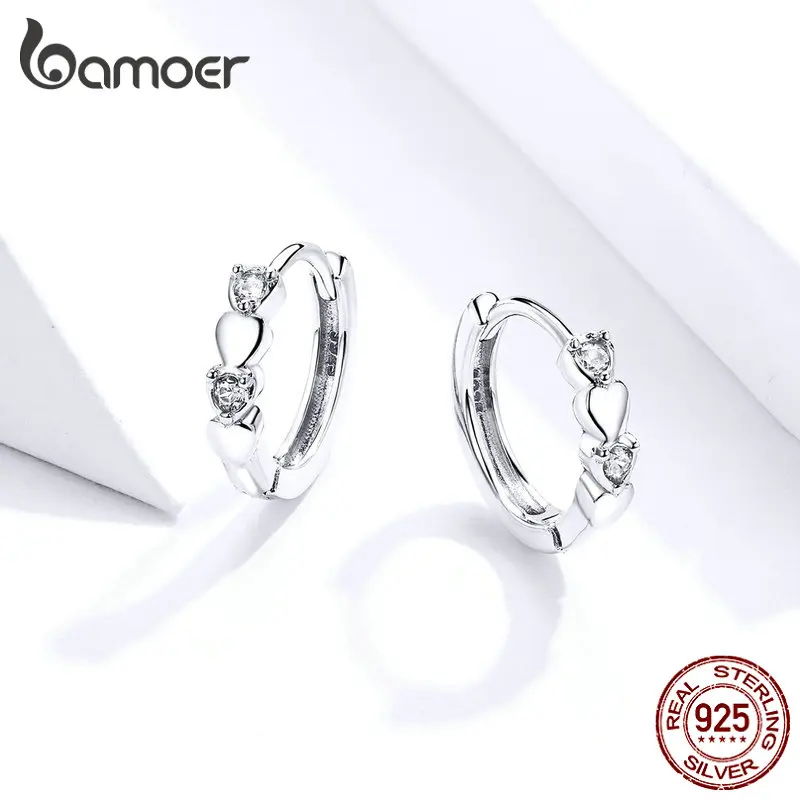 Bamoer, настоящее 925 пробы серебро, минималистичные серьги-кольца в форме сердца для женщин, свадебные массивные украшения, режим, SCE777