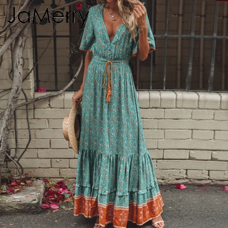 JaMerry, богемное длинное платье макси с принтом, женское платье с коротким рукавом, гофрированное летнее праздничное платье, Элегантное летнее пляжное Хлопковое платье