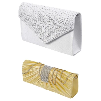 

1pcs Satin Diamante Pleated Handbag Gold & 1pcs Silk Face Diamond Clutches Shoulder Bag White