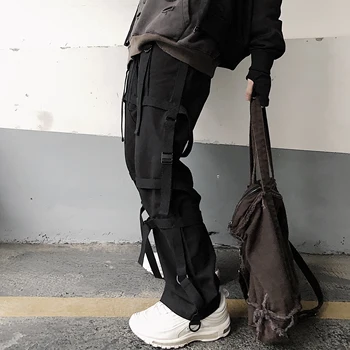 

New personality streamer overalls black pants male loose straight wild tide Hong Kong style retro tide brand trousers