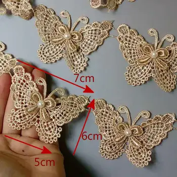 

2 Yard Gold Butterfly Pearl Embroidered Lace Trim Ribbon Applique Sewing Craft Crochet Fabric Edging Trimmings Wedding