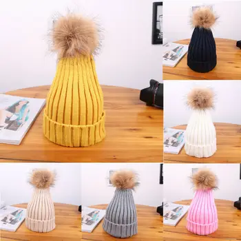

Toddler Boys Girls Kids Faux Fur Pom Pom Bobble Knitted Hat Beanie Warm Winter Newborn baby Cap