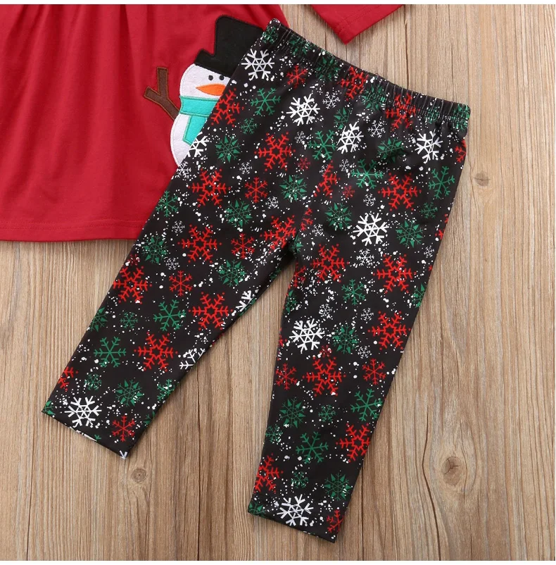 Детская одежда комплект одежды для девочек, детская Рождественская одежда со снеговиком осенне-зимний топ+ штаны+ шарф для детей от 1 до 5 лет