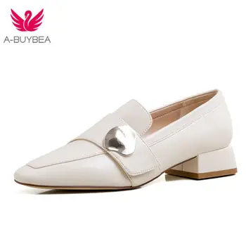 

Genuine Leather Square Toe Women's Pumps 2020 Spring and Autumn New Solid Slip-on Concise Wild Ladies Shoes Party Shoes