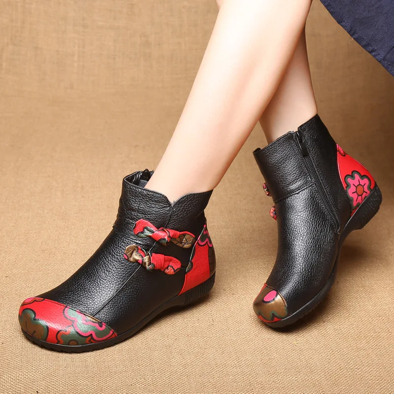 

2019 Autumn And Winter New Style Retro National Wind Flat Leather Bowknot Short Middle-aged WOMEN'S Boots