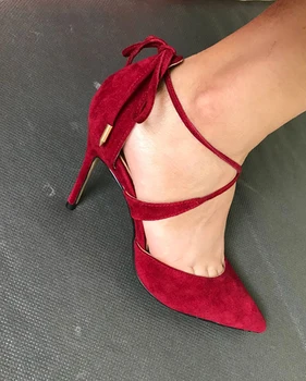 

New style red suede cross-cut straps with shallow mouth pointed toe stiletto heels sexy women's single shoes