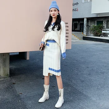 

2019 Autumn Casual Women's Sweater Set Fashion wild temperament loose sweater women Temperament skirt two-piece