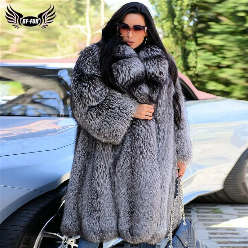 

Luxury Natural Silver Fox Fur Coat For Women Thick Warm Winter Genuine Fox Fur Jacket With Big Lapel Collar Real Fur Overcoats