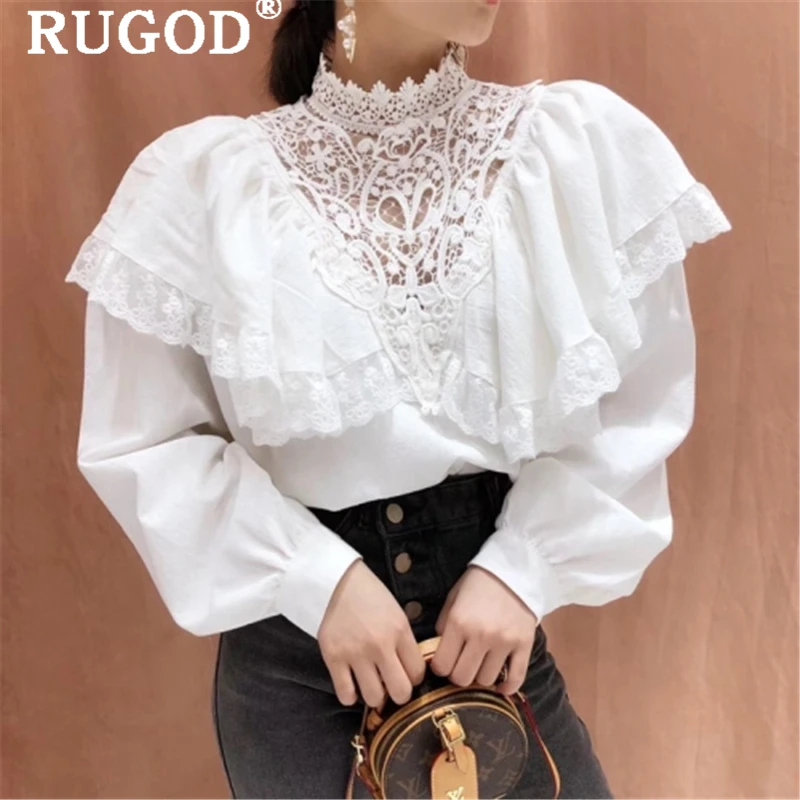 RUGOD корейские шикарные белые женские блузки с оборками элегантные кружевные лоскутные женские рубашки с рукавом-фонариком повседневные топы и блузки